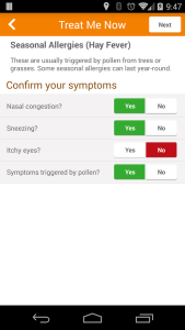 Screenshot of app interface that allows physician to diagnose and prescribe for standard conditions such as hay fever