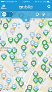 Screenshot from the Citi Bike app showing bike dock locations along with indicators of how many bikes are available (green docks means a high number of bikes). Photo credit: Citi Bike application
