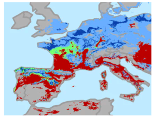 Exhibit 1: Global change in viticulture suitability in Europe under RCP 8.5 scenario. Change in suitability is shown between current (1961-2000) and 2050 (2041-2060) time periods. Areas with current suitability that decreases by mid-century are indicated in red. Areas with current suitability that is retained are indicated in light green and drak green, whereas areas not suitable in the current time period but that will be suitable in the future are shown in light blue and dark blue.