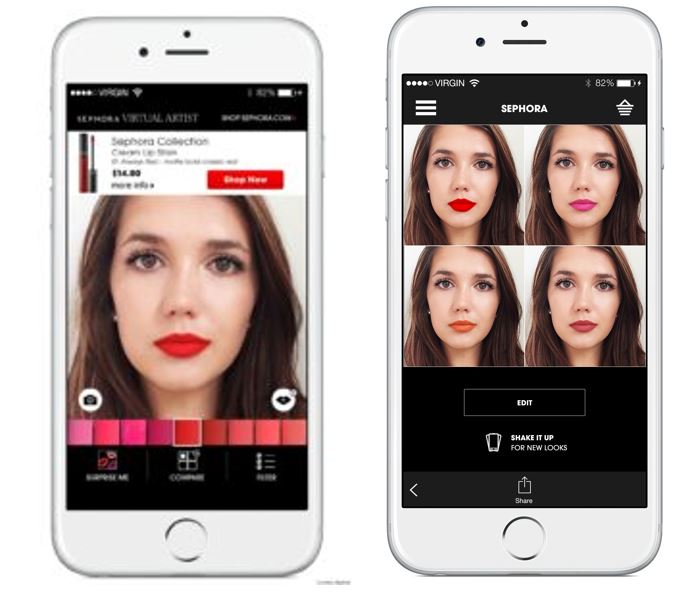 These show how Sephora's Virtual Artist feature appears via its mobile app on iPhones. 