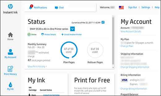 hp instant ink usage