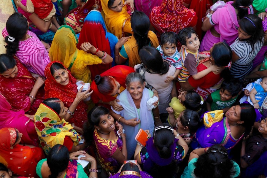 Overhead shot of women and children in India