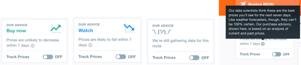 KAYAK.com Price Trends and Tip Explanation